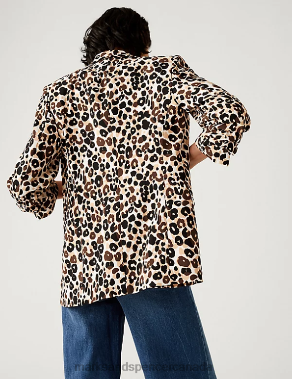 Women Brown Mix Clothing Marks & Spencer Relaxed Animal Print Ruched Sleeve Blazer 20VTD425 - Marks and Spencer outlet
