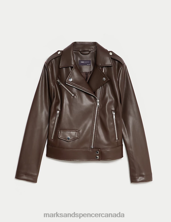 Women Chocolate Clothing Marks & Spencer Faux Leather Biker Jacket 20VTD774 - Marks and Spencer outlet