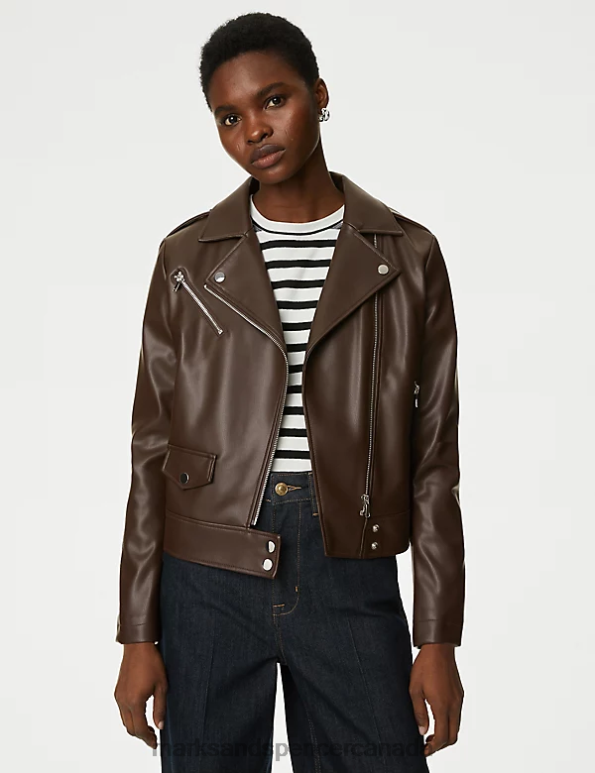 Women Chocolate Clothing Marks & Spencer Faux Leather Biker Jacket 20VTD774 - Marks and Spencer outlet