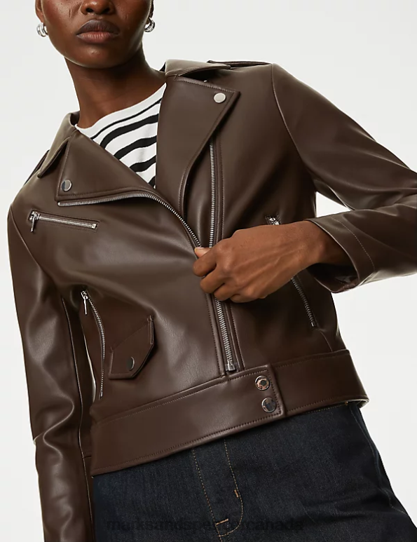 Women Chocolate Clothing Marks & Spencer Faux Leather Biker Jacket 20VTD774 - Marks and Spencer outlet