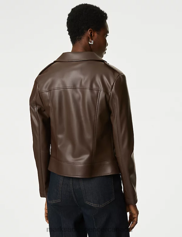 Women Chocolate Clothing Marks & Spencer Faux Leather Biker Jacket 20VTD774 - Marks and Spencer outlet