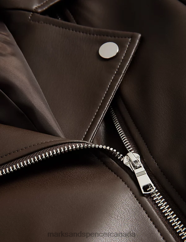 Women Chocolate Clothing Marks & Spencer Faux Leather Biker Jacket 20VTD774 - Marks and Spencer outlet