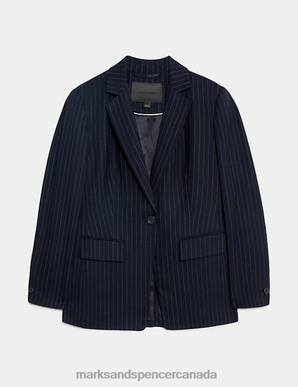 Women Dark Navy Mix Clothing Marks & Spencer Wool Blend Pinstripe Single Breasted Blazer 20VTD150 - Marks and Spencer Canada locations