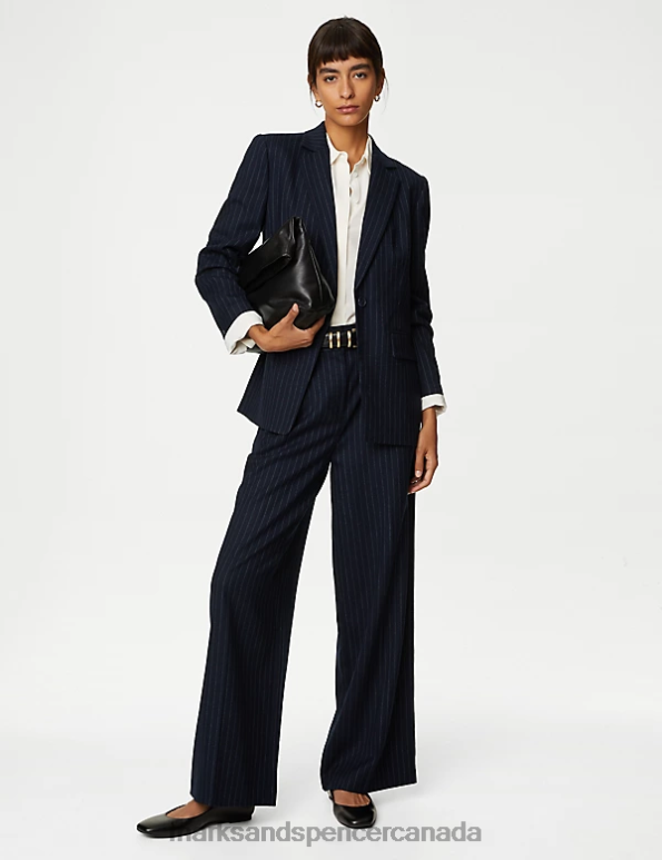 Women Dark Navy Mix Clothing Marks & Spencer Wool Blend Pinstripe Single Breasted Blazer 20VTD150 - Marks and Spencer Canada locations