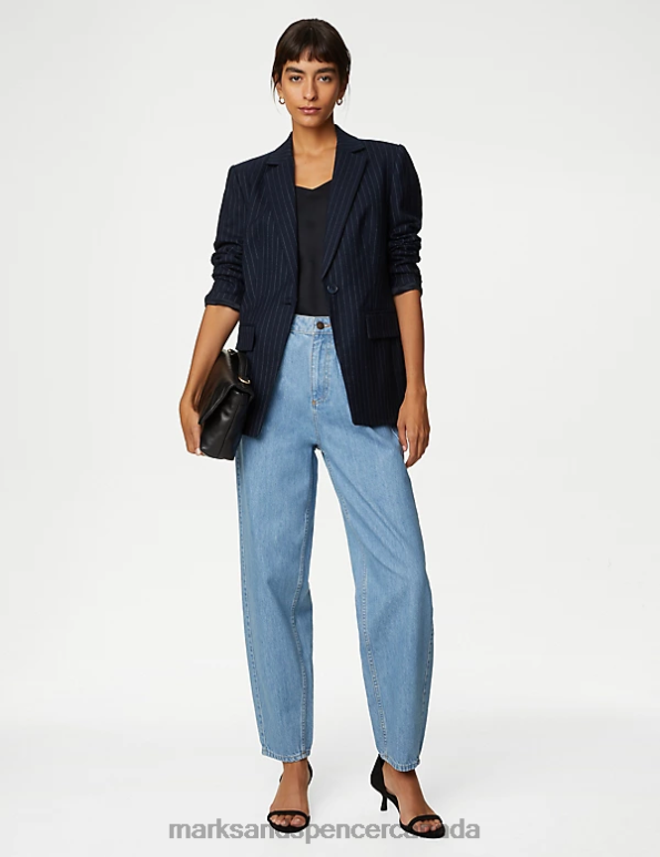 Women Dark Navy Mix Clothing Marks & Spencer Wool Blend Pinstripe Single Breasted Blazer 20VTD150 - Marks and Spencer Canada locations