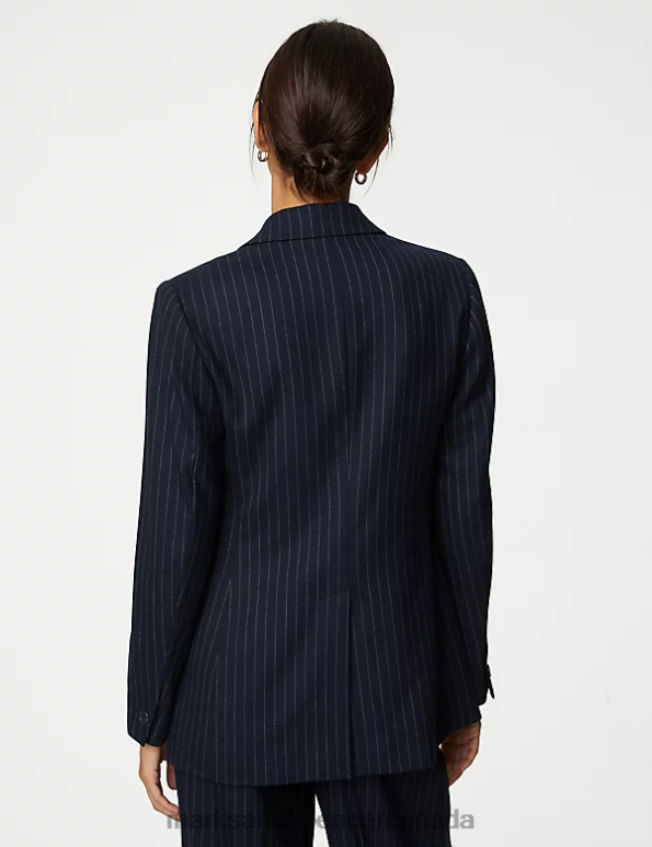 Women Dark Navy Mix Clothing Marks & Spencer Wool Blend Pinstripe Single Breasted Blazer 20VTD150 - Marks and Spencer Canada locations