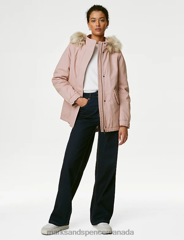 Women Dusted Pink Clothing Marks & Spencer Cotton Rich Hooded Borg Lined Parka Coat 20VTD159 - Marks and Spencer outlet