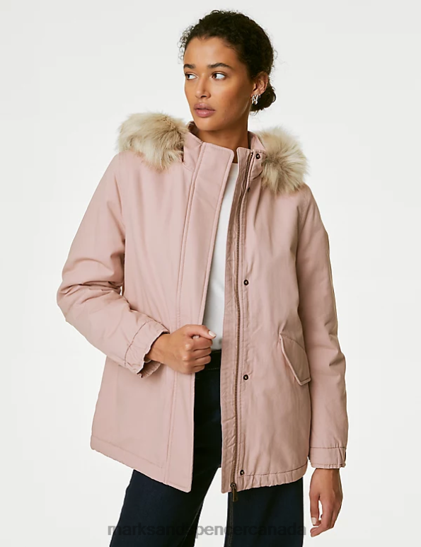 Women Dusted Pink Clothing Marks & Spencer Cotton Rich Hooded Borg Lined Parka Coat 20VTD159 - Marks and Spencer outlet