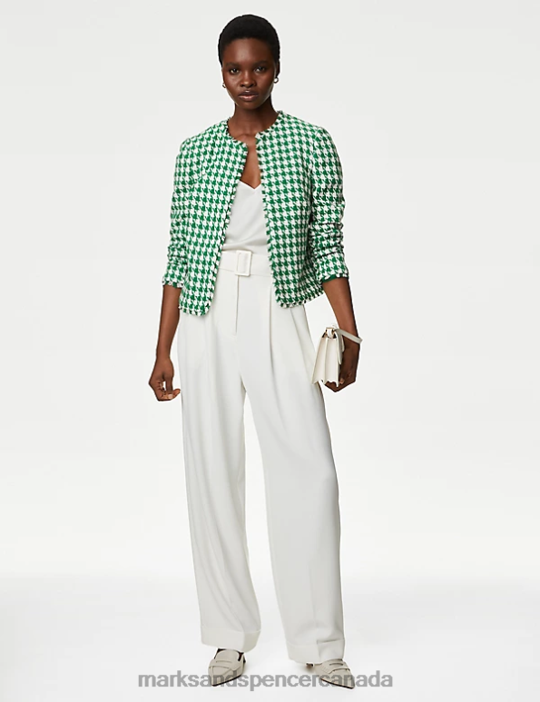 Women Green Mix Clothing Marks & Spencer Tweed Collarless Relaxed Short Jacket 20VTD469 - Marks and Spencer online