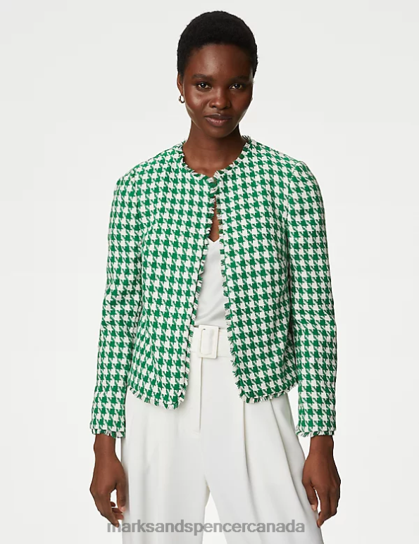 Women Green Mix Clothing Marks & Spencer Tweed Collarless Relaxed Short Jacket 20VTD469 - Marks and Spencer online