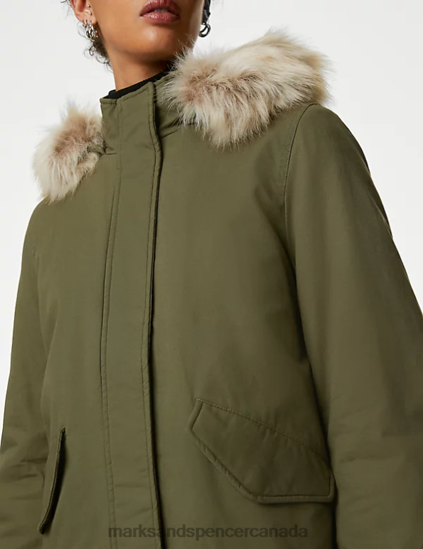 Women Hunter Green Clothing Marks & Spencer Cotton Rich Hooded Borg Lined Parka Coat 20VTD475 - Marks and Spencer Canada locations