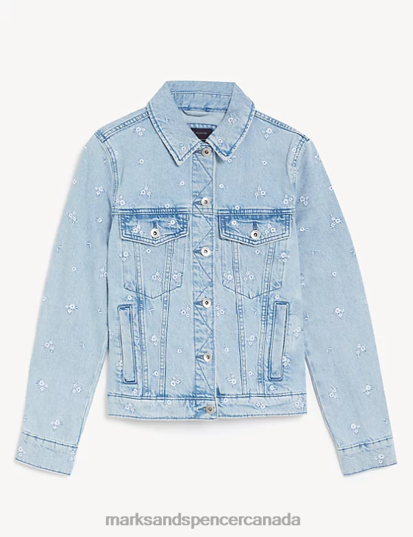 Marks and Spencer Canada - Women Indigo Mix Clothing Marks & Spencer Pure Cotton Denim Floral Embroidered Jacket 20VTD2685