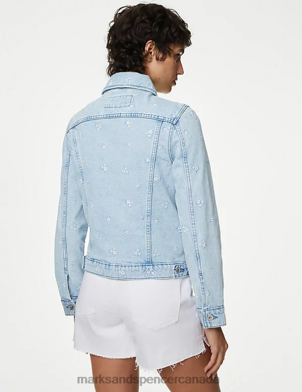 Marks and Spencer Canada - Women Indigo Mix Clothing Marks & Spencer Pure Cotton Denim Floral Embroidered Jacket 20VTD2685
