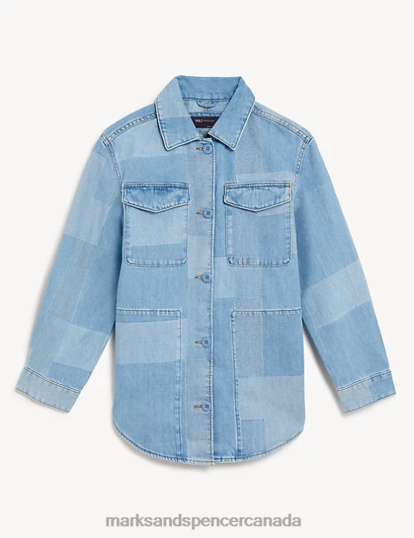 Women Indigo Mix Clothing Marks & Spencer Pure Cotton Denim Patchwork Utility Shacket 20VTD2524 - Marks and Spencer Canada locations