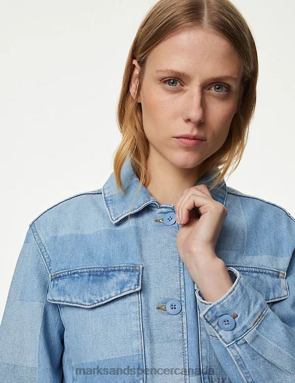 Women Indigo Mix Clothing Marks & Spencer Pure Cotton Denim Patchwork Utility Shacket 20VTD2524 - Marks and Spencer Canada locations