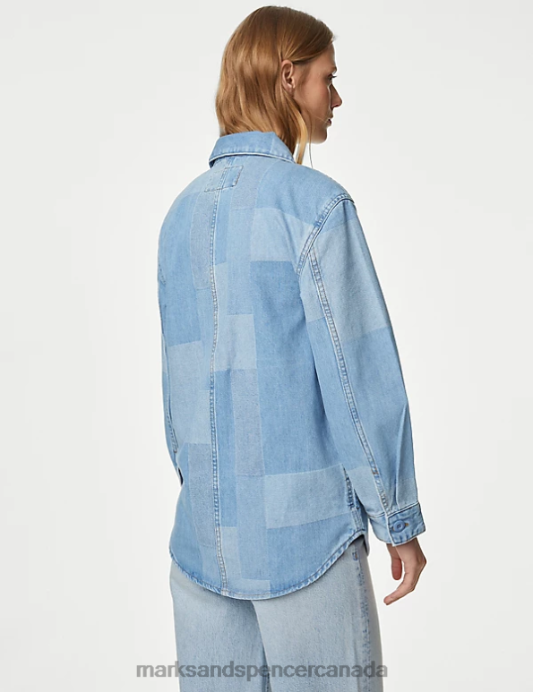 Women Indigo Mix Clothing Marks & Spencer Pure Cotton Denim Patchwork Utility Shacket 20VTD2524 - Marks and Spencer Canada locations