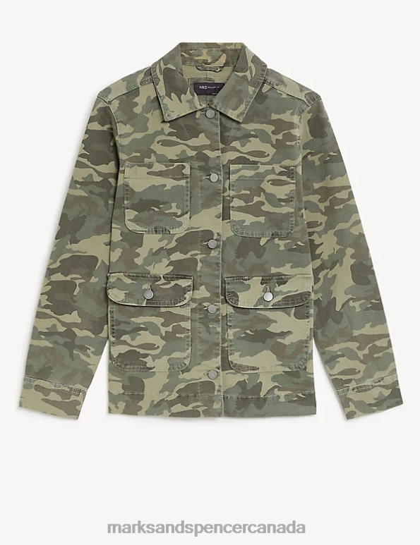 Women Khaki Mix Clothing Marks & Spencer Cotton Rich Camo Utility Jacket 20VTD966 - Marks and Spencer Canada locations