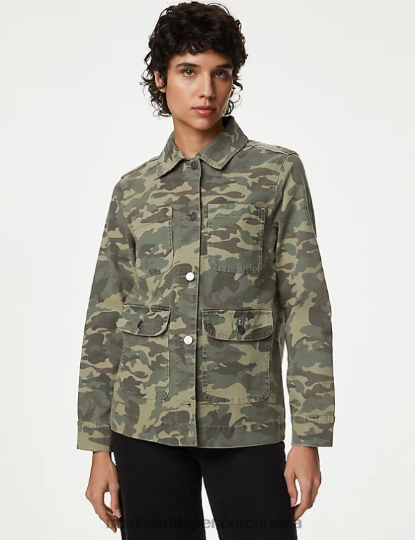 Women Khaki Mix Clothing Marks & Spencer Cotton Rich Camo Utility Jacket 20VTD966 - Marks and Spencer Canada locations