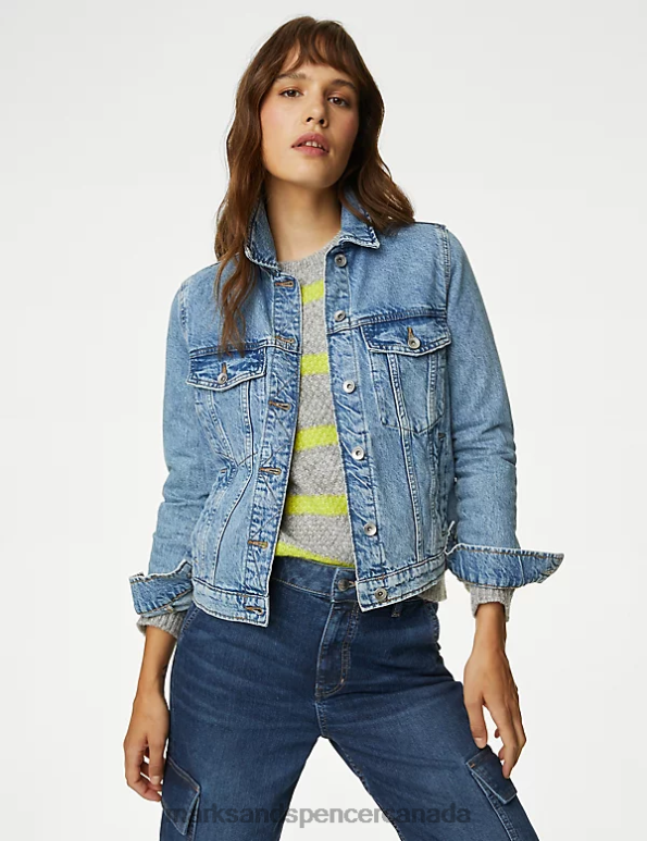 Women Med Blue Denim Clothing Marks & Spencer Pure Cotton Denim Jacket 20VTD1711 - Marks and Spencer Canada locations