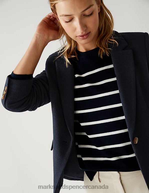 Women Midnight Navy Clothing Marks & Spencer Cotton Rich Jersey Slim Textured Blazer 20VTD1355 - Marks and Spencer online