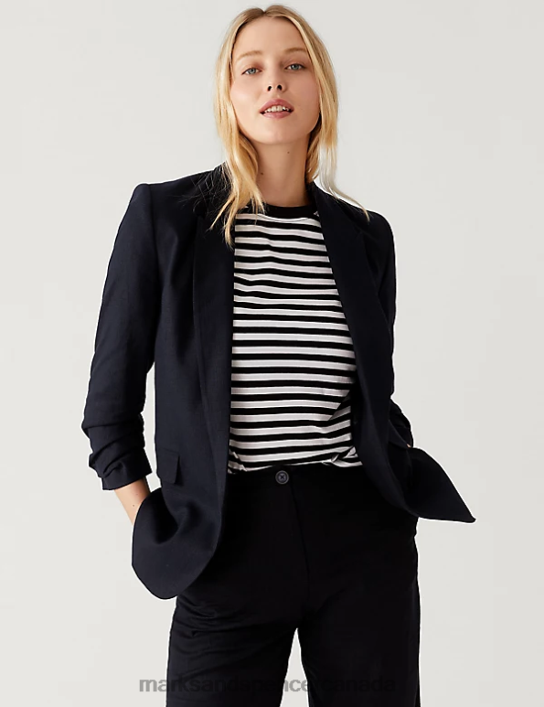 Women Midnight Navy Clothing Marks & Spencer Linen Blend Ruched Sleeve Blazer 20VTD3024 - Marks and Spencer outlet