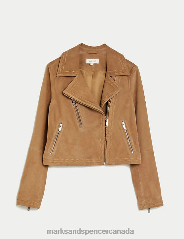 Marks and Spencer sale - Women Natural Beige Clothing Marks & Spencer Suede Collared Biker Jacket 20VTD1847