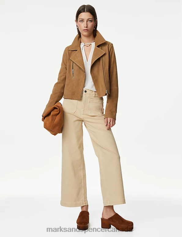 Marks and Spencer sale - Women Natural Beige Clothing Marks & Spencer Suede Collared Biker Jacket 20VTD1847