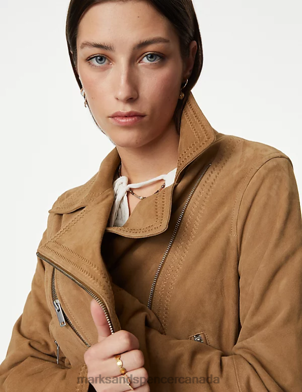 Marks and Spencer sale - Women Natural Beige Clothing Marks & Spencer Suede Collared Biker Jacket 20VTD1847