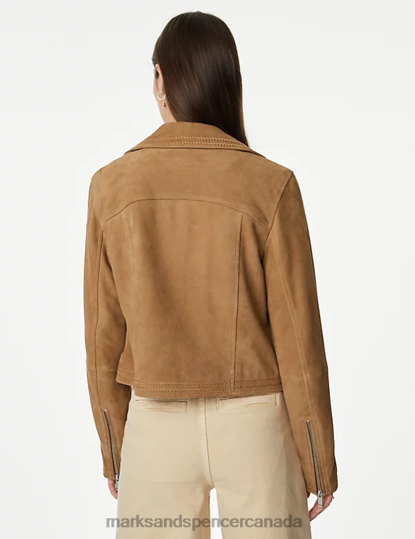Marks and Spencer sale - Women Natural Beige Clothing Marks & Spencer Suede Collared Biker Jacket 20VTD1847