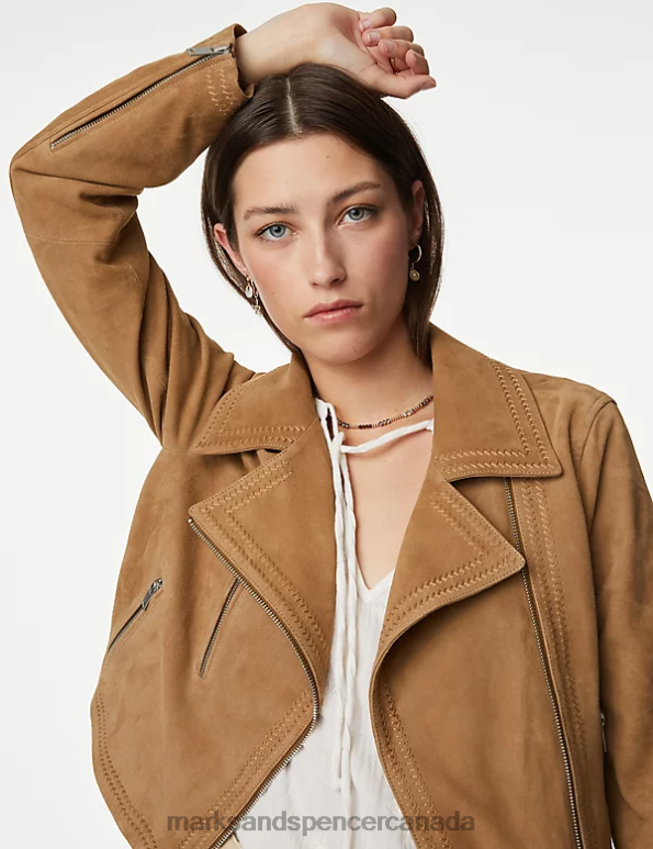 Marks and Spencer sale - Women Natural Beige Clothing Marks & Spencer Suede Collared Biker Jacket 20VTD1847