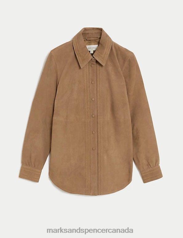 Women Natural Beige Clothing Marks & Spencer Suede Collared Overshirt 20VTD1472 - Marks and Spencer Canada locations
