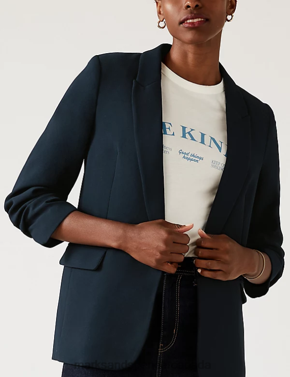 Marks and Spencer Canada - Women Navy Clothing Marks & Spencer Relaxed Ruched Sleeve Blazer 20VTD2211