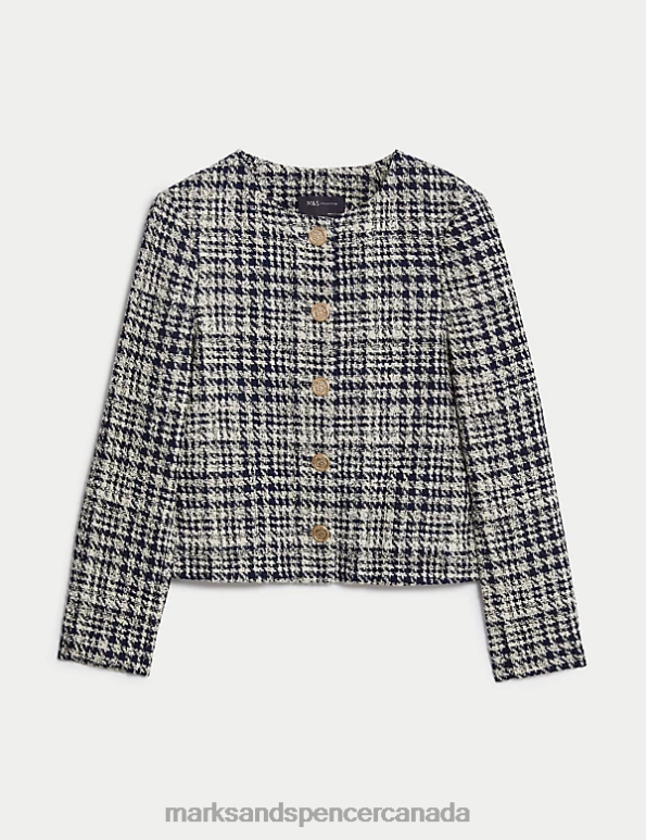 Women Navy Mix Clothing Marks & Spencer Tweed Checked Collarless Short Jacket 20VTD3167 - Marks and Spencer Canada locations
