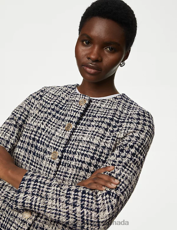 Women Navy Mix Clothing Marks & Spencer Tweed Checked Collarless Short Jacket 20VTD3167 - Marks and Spencer Canada locations