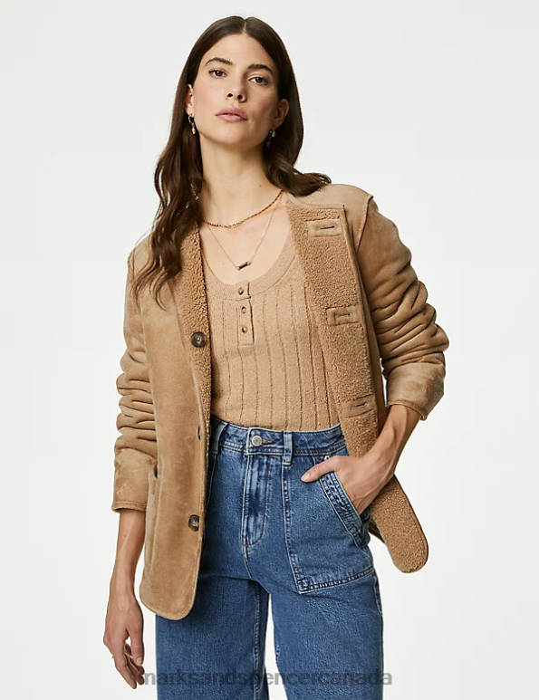 Marks and Spencer sale - Women Oatmeal Clothing Marks & Spencer Faux Shearling Textured Reversible Jacket 20VTD1352