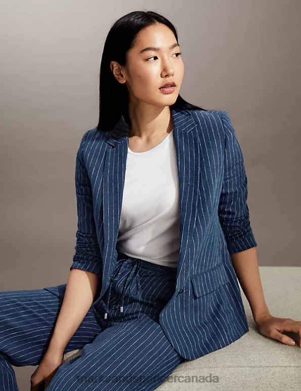 Women White/Navy Clothing Marks & Spencer Pure Linen Pinstripe Single Breasted Blazer 20VTD1129 - Marks and Spencer Canada locations