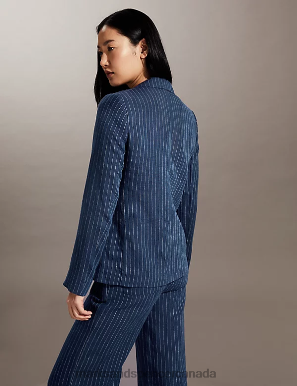 Women White/Navy Clothing Marks & Spencer Pure Linen Pinstripe Single Breasted Blazer 20VTD1129 - Marks and Spencer Canada locations