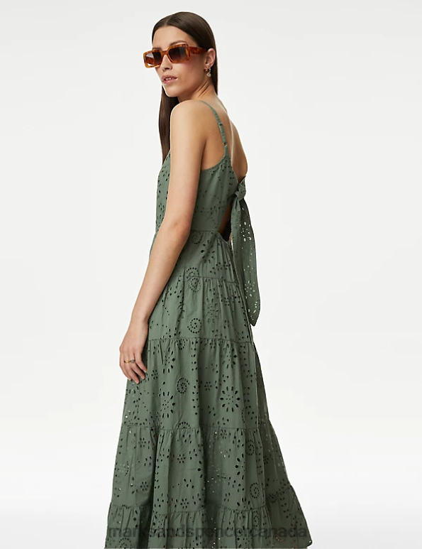 Women Antique Green Clothing Marks & Spencer Pure Cotton Broderie V-Neck Midaxi Dress 20VTD1118 - Marks and Spencer outlet