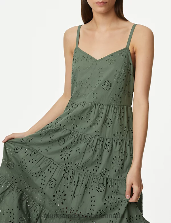 Women Antique Green Clothing Marks & Spencer Pure Cotton Broderie V-Neck Midaxi Dress 20VTD1118 - Marks and Spencer outlet