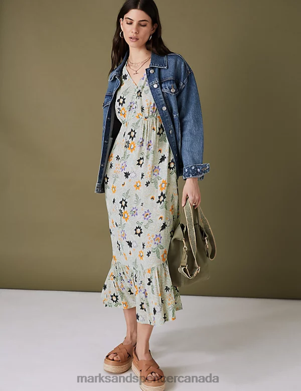 Marks and Spencer near me - Women Aqua Clothing Marks & Spencer Printed V-Neck Midi Tiered Tea Dress 20VTD2300