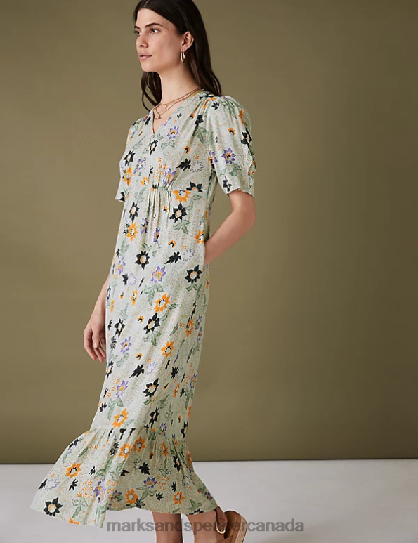 Marks and Spencer near me - Women Aqua Clothing Marks & Spencer Printed V-Neck Midi Tiered Tea Dress 20VTD2300