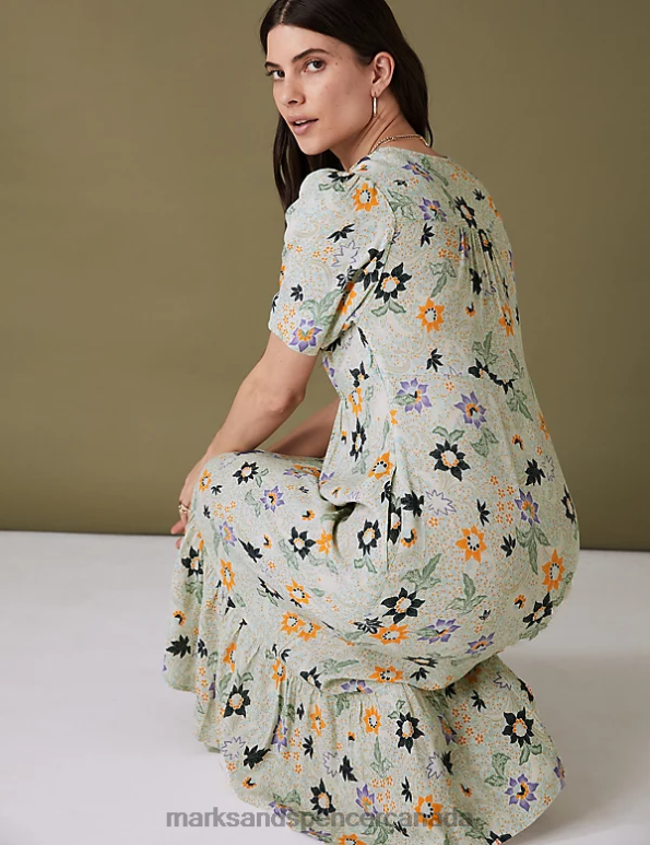Marks and Spencer near me - Women Aqua Clothing Marks & Spencer Printed V-Neck Midi Tiered Tea Dress 20VTD2300