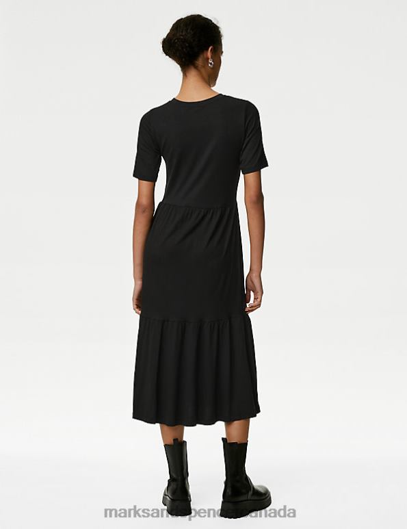 Women Black Clothing Marks & Spencer Jersey Round Neck Midi Tiered Dress 20VTD2153 - Marks and Spencer outlet