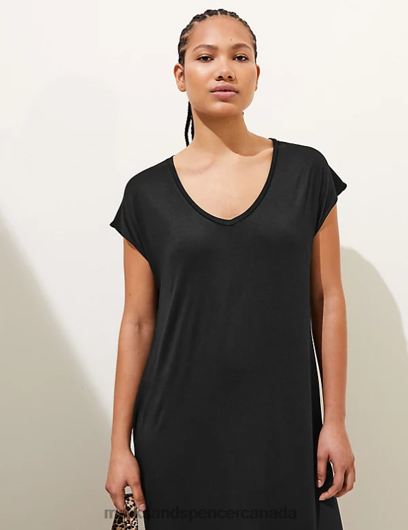 Women Black Clothing Marks & Spencer Jersey V-Neck Midi T-Shirt Dress 20VTD2346 - Marks and Spencer outlet