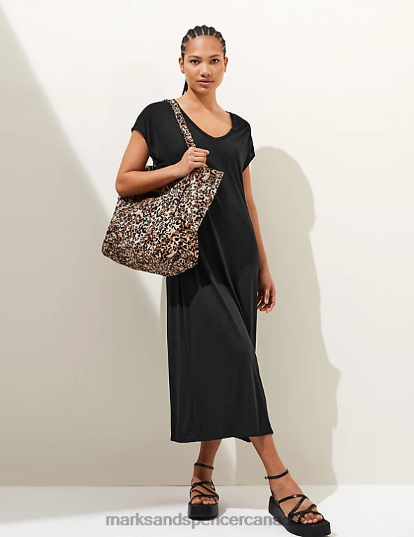 Women Black Clothing Marks & Spencer Jersey V-Neck Midi T-Shirt Dress 20VTD2346 - Marks and Spencer outlet