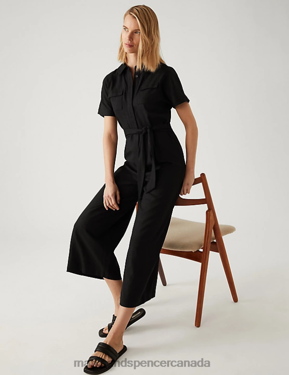 Marks and Spencer Canada - Women Black Clothing Marks & Spencer Linen Blend Belted Cropped Jumpsuit 20VTD2935