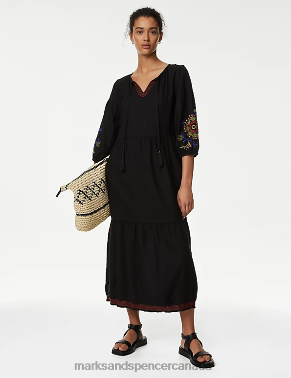 Women Black Clothing Marks & Spencer Linen Blend Embroidered Midi Beach Dress 20VTD1739 - Marks and Spencer Canada locations