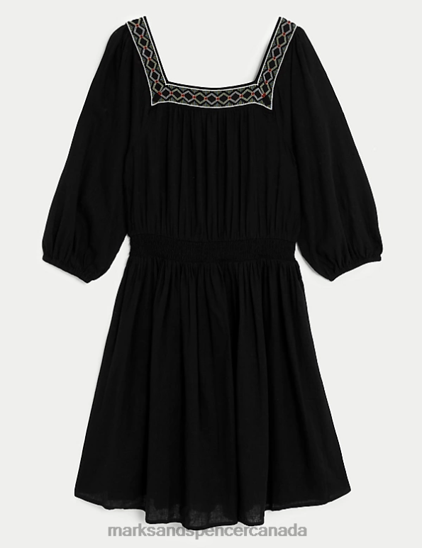 Marks and Spencer near me - Women Black Clothing Marks & Spencer Linen Blend Embroidered Shirred Dress 20VTD849