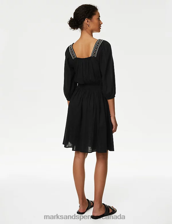Marks and Spencer near me - Women Black Clothing Marks & Spencer Linen Blend Embroidered Shirred Dress 20VTD849