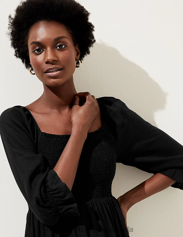 Marks and Spencer near me - Women Black Clothing Marks & Spencer Linen Blend Square Neck Shirred Midi Dress 20VTD1330